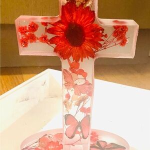 Floral Resin Cross with Red Accents